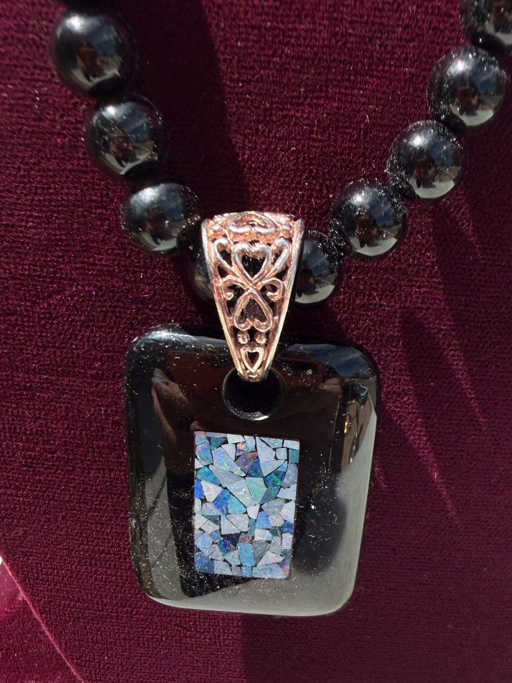 Authentic Australian Opal Mosaic Pendant Necklace Black Bead 21"
